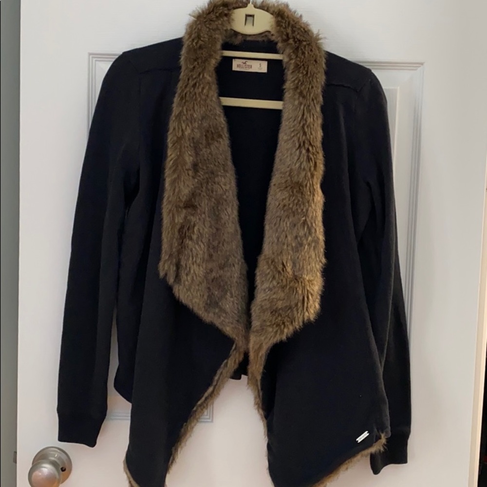 Like New Hollister Fur Collar Navy Cardigan